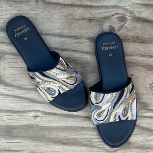 Slides, Beaded, Embroidered, Luna Blu. Black, Silver, Gold. Euro Size 38 NWOT